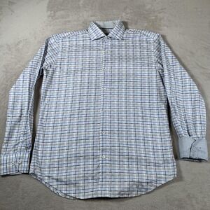 Bugatchi‎ Shirt Mens Medium Blue Brown Plaid Shaped Fit Long Sleeve Button Up